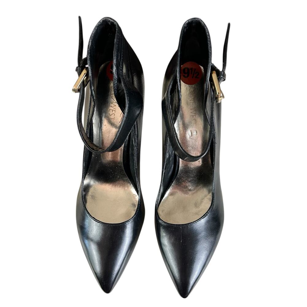Nine West Pegglu Pumps Size 9.5M Black Leather Ankle Strap Stiletto Office Heels - Picture 12 of 12